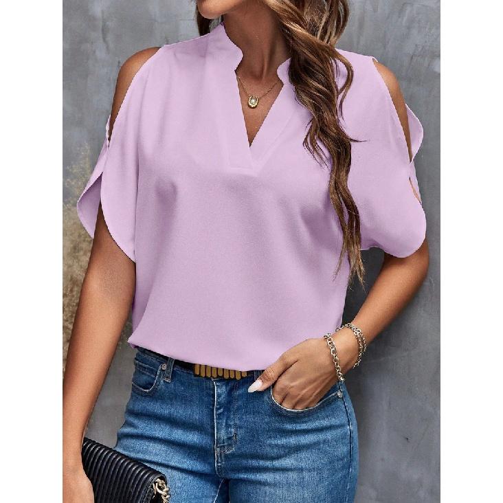 2026 Summer New V-neck Elegant Short-sleeve Fashionable Off-shoulder Women's Solid Color Top