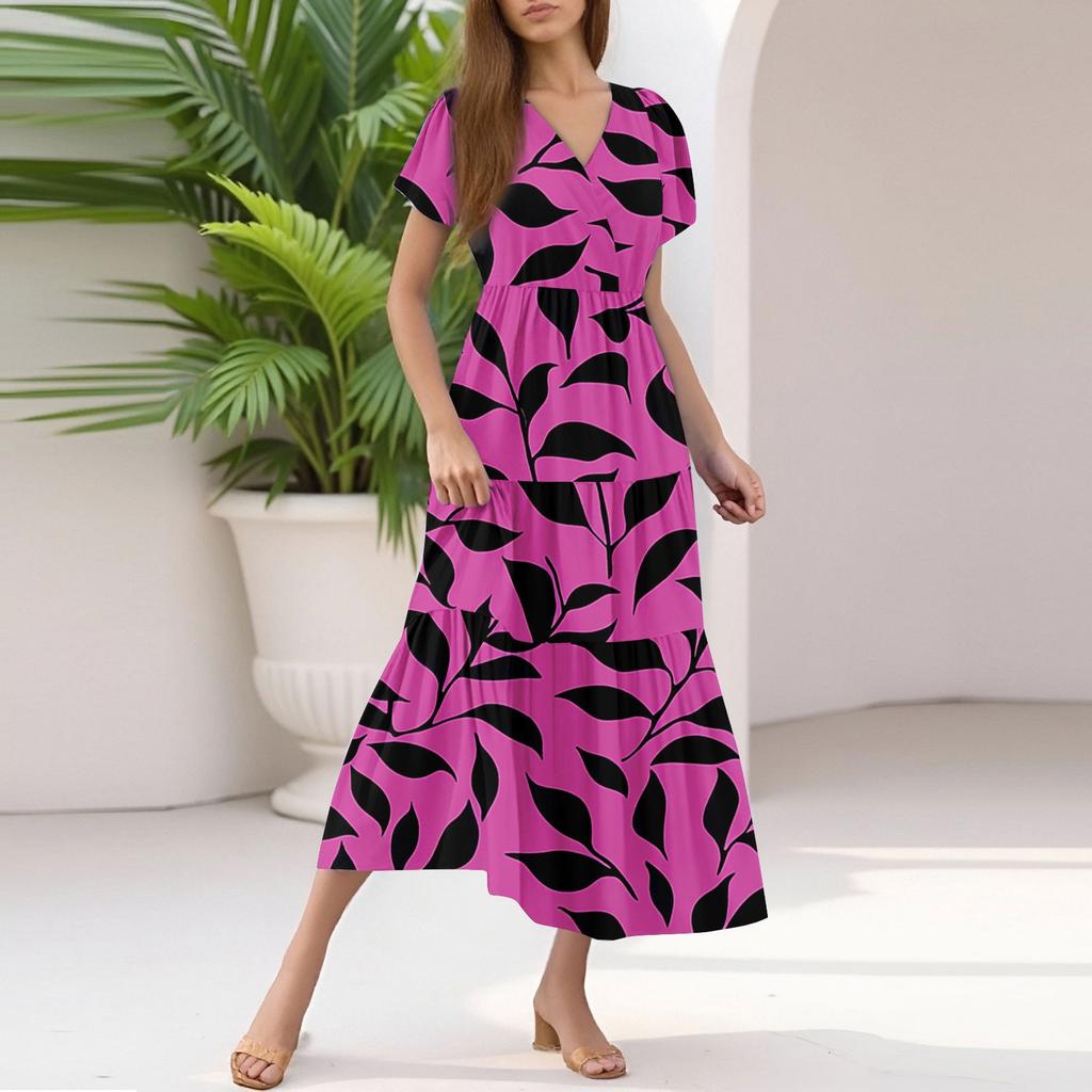 Ladies Summer Casual Fashion V-Neck Ruffle Sleeve Floral Print Midi Dress