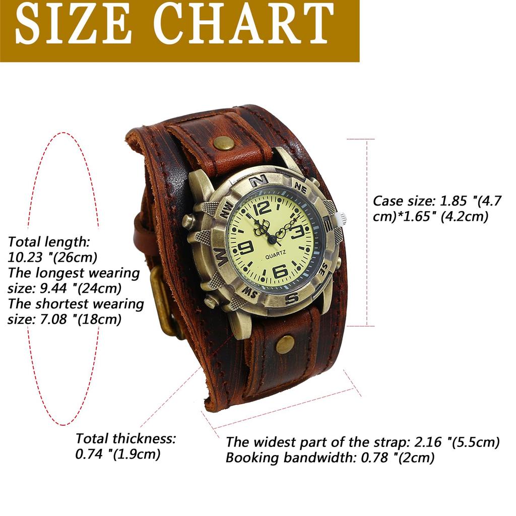 Antique Leather Watch with Leather Waterproof Analog Quartz Movement for Men and Rock Fashion Gift for Him or Her Strap, Women, Punk, Casual,