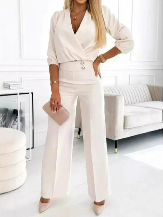 2025 Women's Solid Color V-neck Two-Button 2-Piece Pants Set