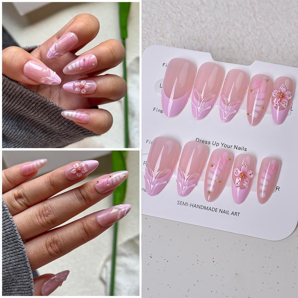 Korean Style 3D Ice Flower Almond Nails: Girly Pink, Gold Beads, Simple Ice Translucent Manicure - 24 Press-On Pieces