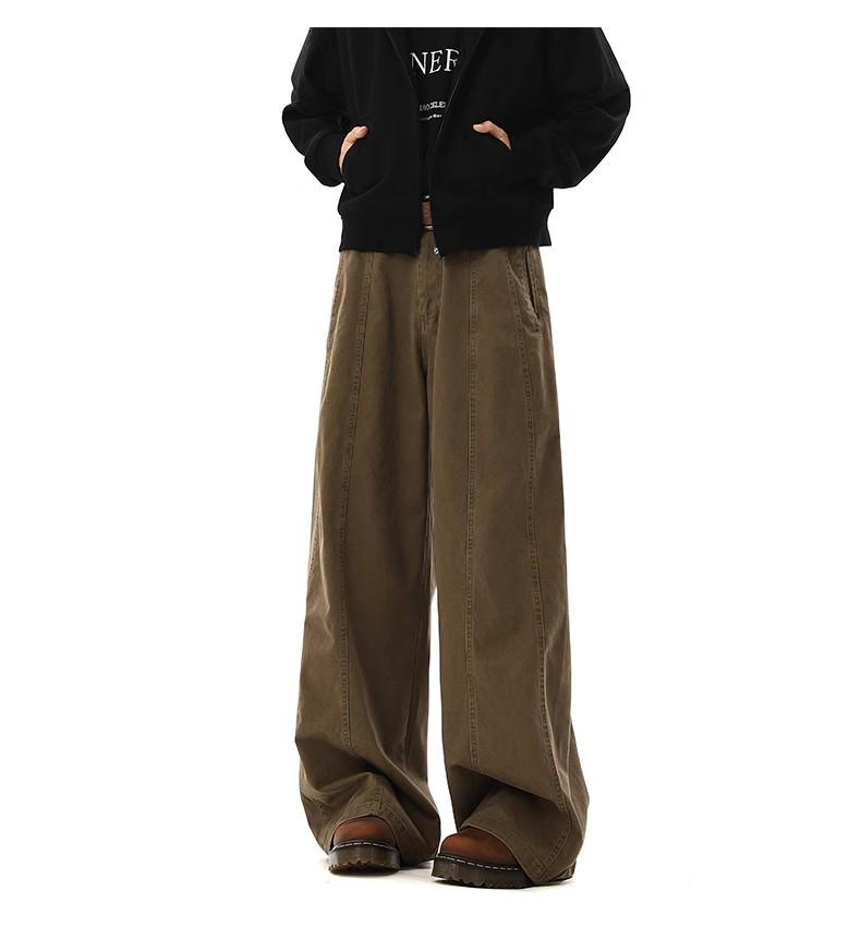Men's Retro Wide Leg Cargo Pants - American Style, Brown, Loose Fit, for Spring, Autumn, and Winter.