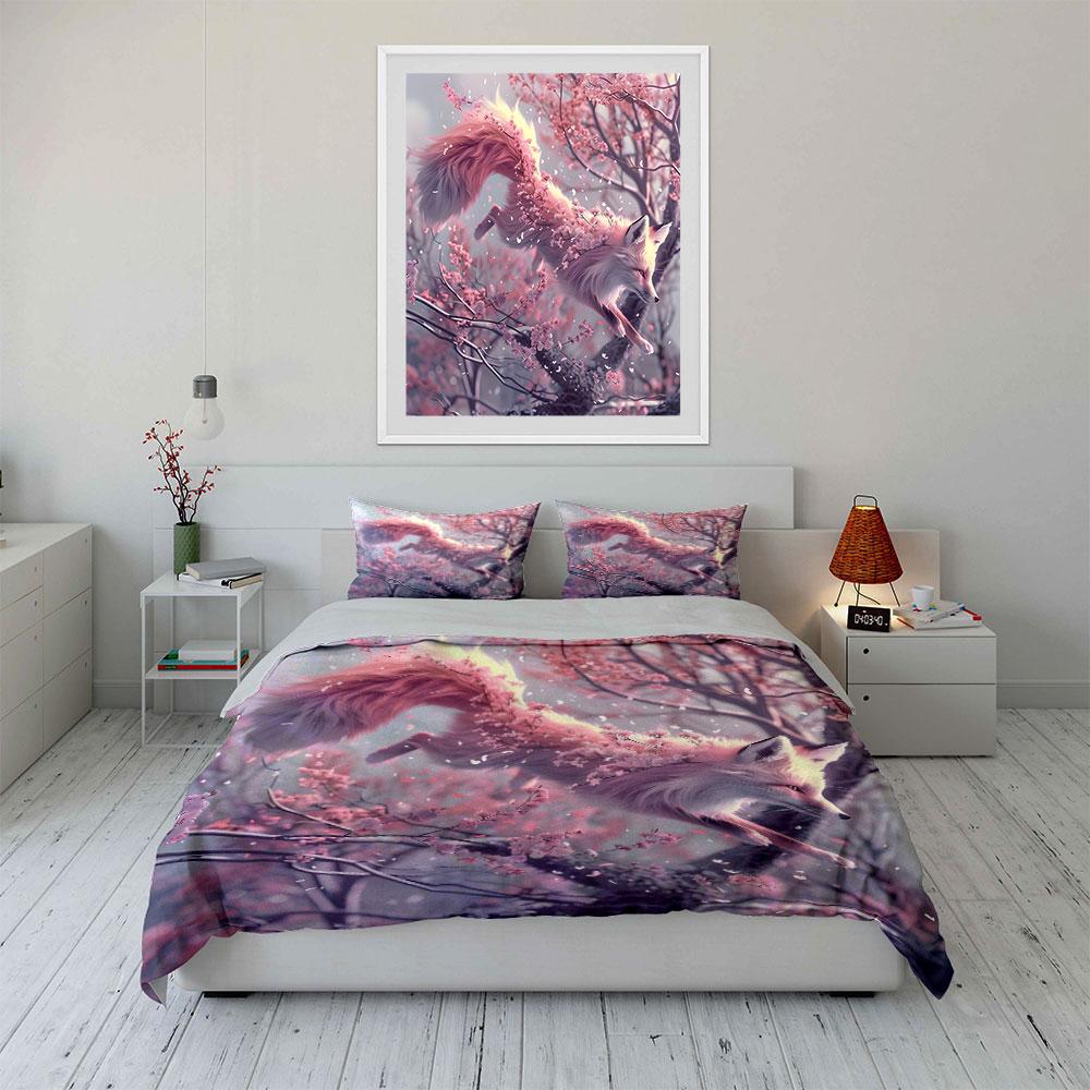Pink Fox Cherry Blossom Decor Bedding Set with 1 Duvet Cover 2 Pillowcases Single Double King Queen, Gift