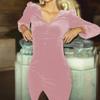 Herbst- und Winterstrickkleid mit V-Ausschnitt und Schulterpolstern, langärmelig, europäisch und amerikanisch, Herbst Damen, intellektuelles Temperament, Kleid, langer Rock
