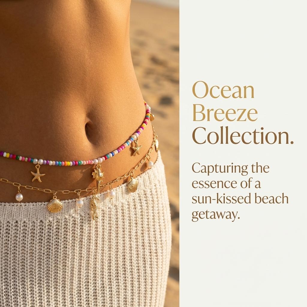 Adjustable Elastic Beaded Belly Chain for Women Gold Color Ocean Charm Summer Beach Waist Beads Comfortable Body Jewelry Gift