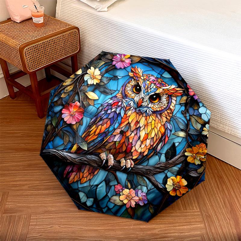 1 PC Automatic Folding Umbrella - Owls and Flowers Pattern, Portable & Foldable Design with 8 Ribs, Christmas Birthday Gifts