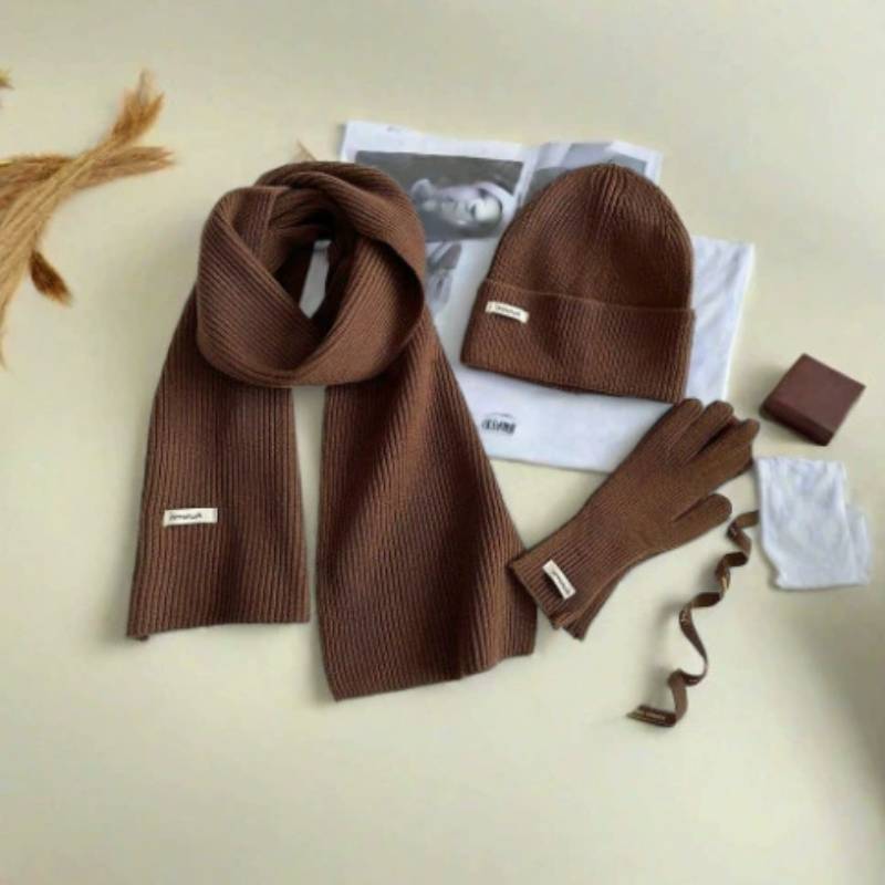Baumwollstrick Wintermütze Schal Handschuhe Set Für Damen Mit Strukturmuster