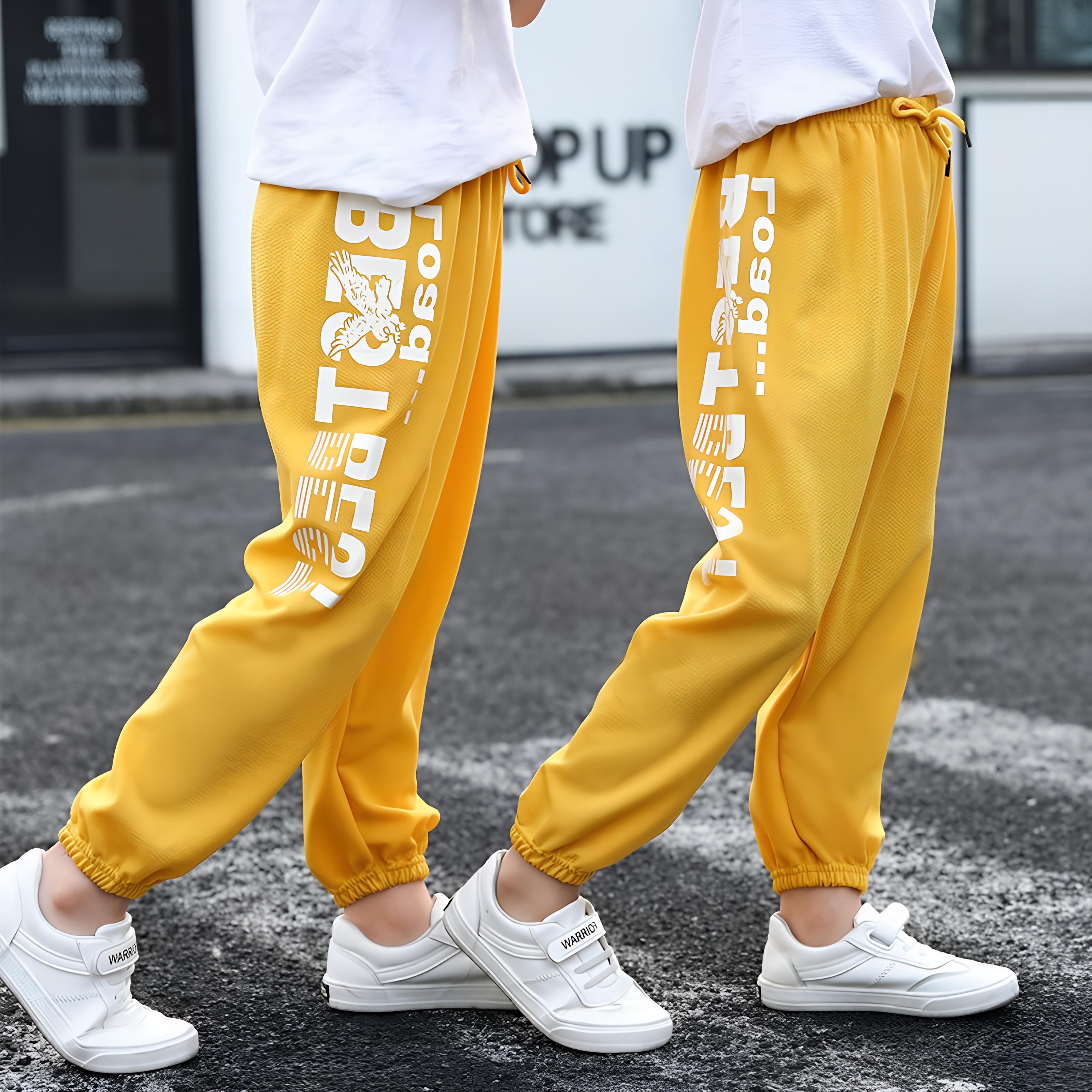 

Order A Size Up Boys Letter Printed Sprots Long Pants Kids Children Casual Loose Drawstring Trousers 150 жёлтый