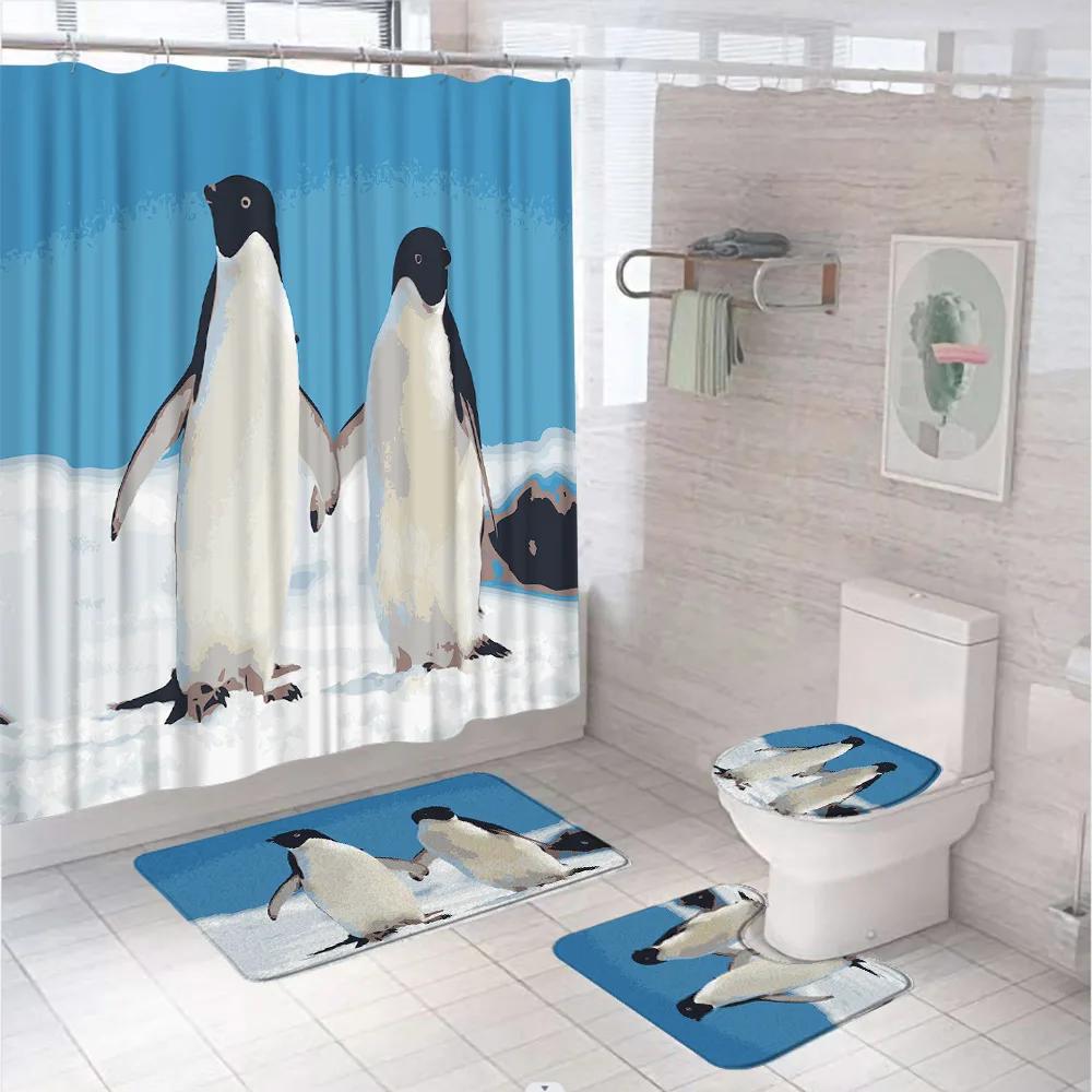 Funny Penguin Shower Curtain Set Animal Antarctic Ice Field Nature Blue Sky Bathroom Curtains Non-Slip Bath Mat Rug Toilet Cover