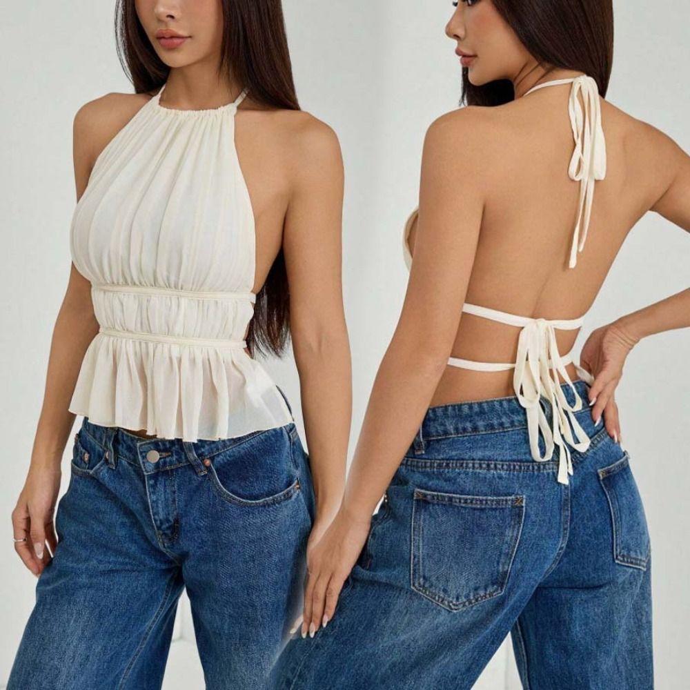 Sleeveless Chiffon Vest Tops Halter Women's Crop Top Simple Lace-up Camisole  Club