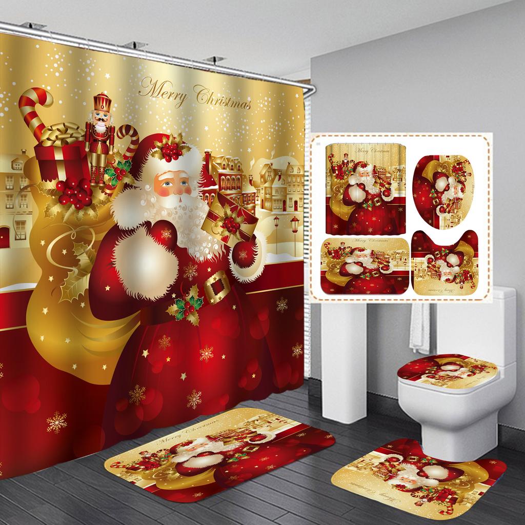 Merry Christmas Bathroom 4Pcs Set Snowman Santa Claus Pattern Waterproof Shower Curtain Toilet Cover Mat Non Slip Rug Home Decor