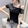 Summer New Design Sexy Fashion Top Small Shirt Off-Shoulder Hot Diamond Hollow Short Sleeve T-Shirt Women