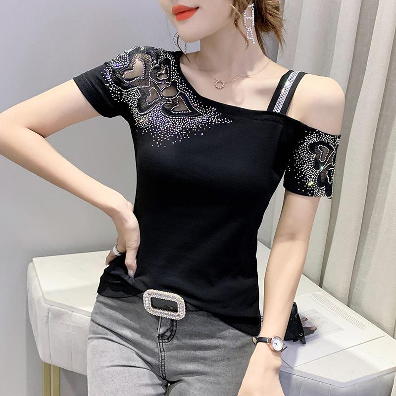 Summer New Design Sexy Fashion Top Small Shirt Off-Shoulder Hot Diamond Hollow Short Sleeve T-Shirt Women