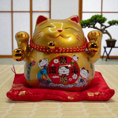 Ceramic Money Cat Bank – Gold On Cushion