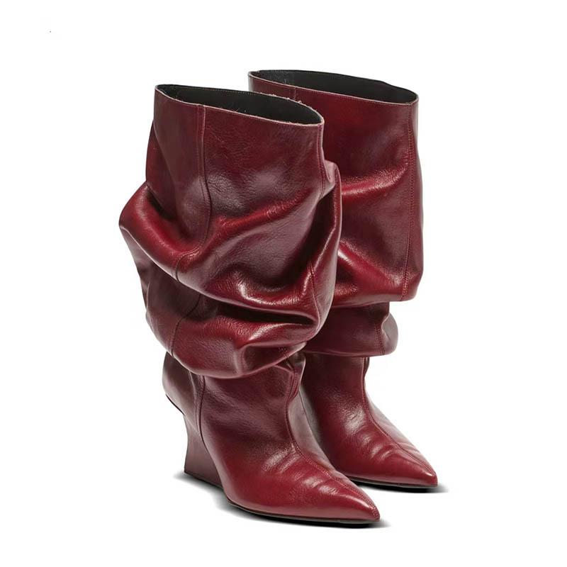 Women Pointed Toe Wedges Wrinkles Boots Leather Over The Knee Boots Classic Sexy Ladies High Heels Short Boots For Women