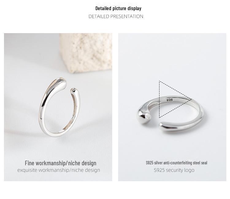 Banyan Tree Korean S925 Silver Water Drop Ring - Simple, Polished, and Elegant Design for Women