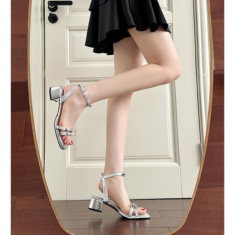 Summer new fairy style thick heel with buckle silver rhinestone sandals women's bow high heels