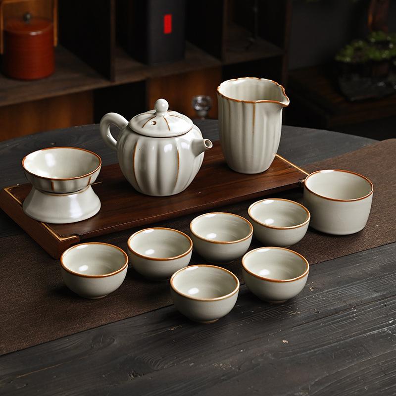 Five famous kiln tea set gift box ceramic kung fu souvenir business gift tea set high-end light luxury