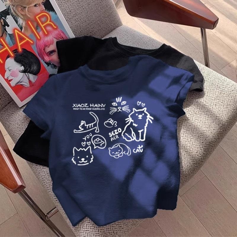 Women's Casual Cat Print T-Shirt Short Sleeve Crew Neck Loose Fit Tee Top
