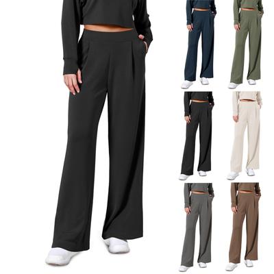 Women's Fashion Solid Color Elastic Waist Wide Leg Pants High Waist Pocket Casual Pants