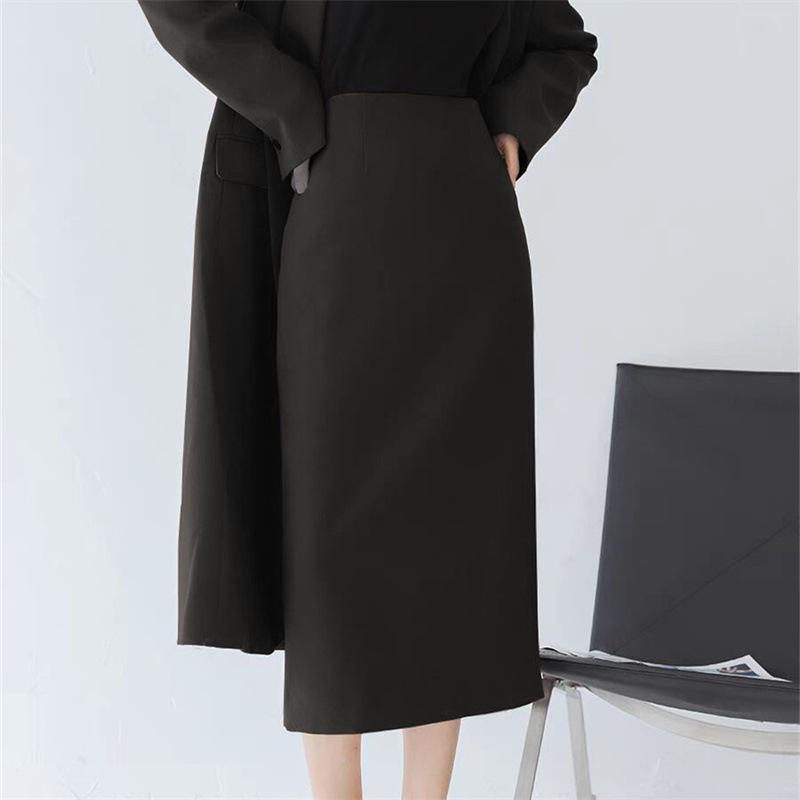 Women's Mid-Length Coffee-Colored A-Line High-Waisted Slit Skirt