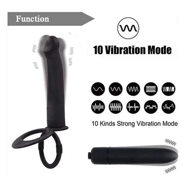 Vibrační dildo s dvojitou penetrací a kroužky na penis Strap-on vibrátor s dvojitou penetrací a kroužky na penis pro muže