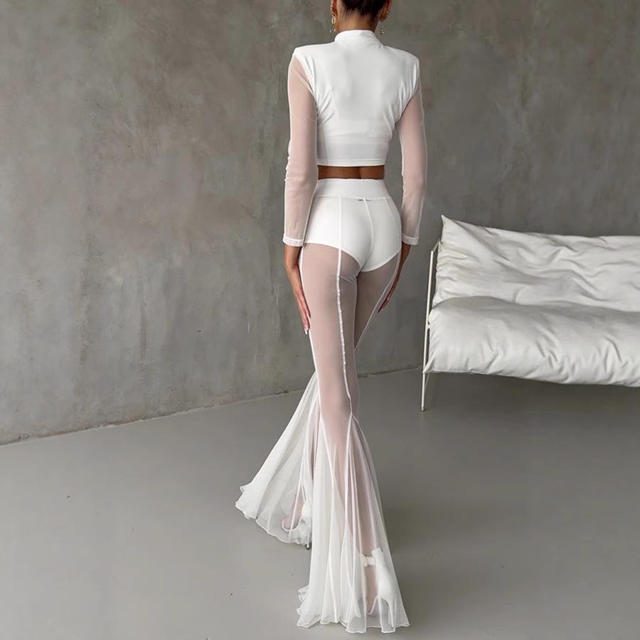 Women's Sheer Mesh Flare Pants High Waist See-Through Wide Leg Bell Bottom Trousers