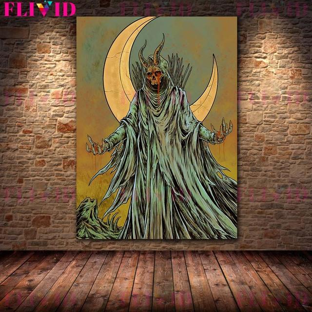 Moon Demon and Horror Wizard Vintage Wall Art Oil Painting Skeleton Demon Gothic Dark Art Poster