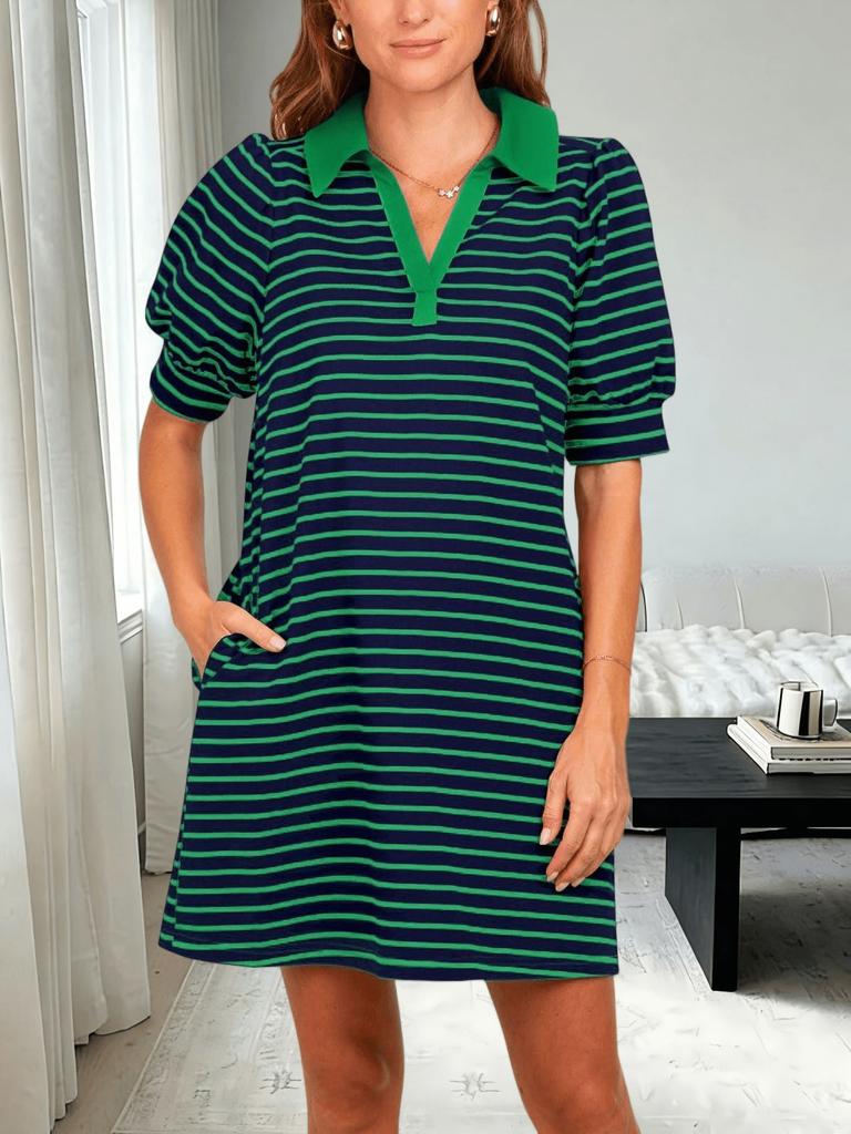 Womens Striped Polo T Shirt Dress V Neck Puff Sleeve Mini Dress with Pockets