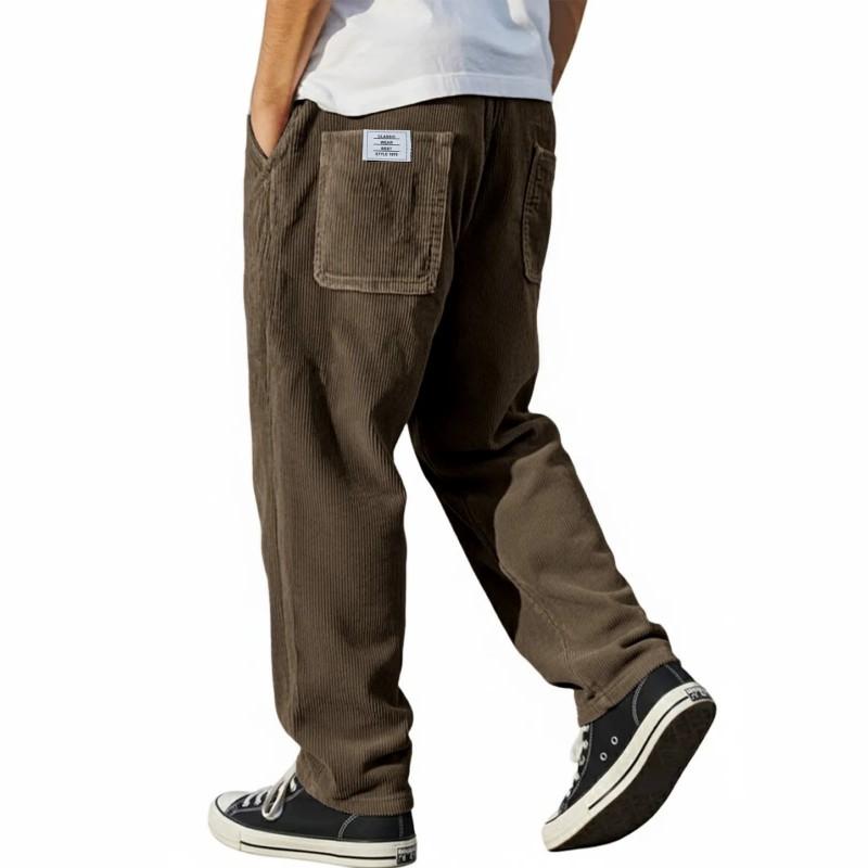 Mens Relaxed Fit Straight Leg Corduroy Pants With Embroidery Detail Casual Trousers 2026