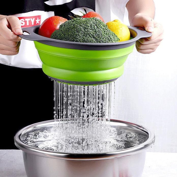 2 Pack Collapsible Colander Set, Emptycolor Foldable Collapsible Strainers for Kitchen, Small Round Colander with Base and Handles for Pasta, Fruit,