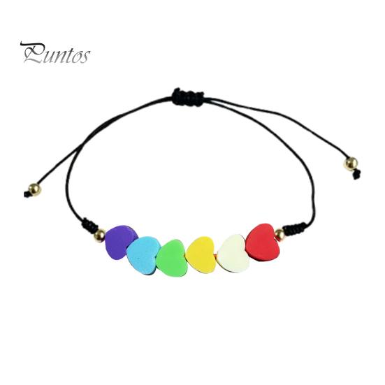 Cute Layered Cord Jewelry Colorful Hearts Bracelet, Handmade Braided String Adjustable Travel Vacation Wrist Accessory Heart Shaped Clay Beads