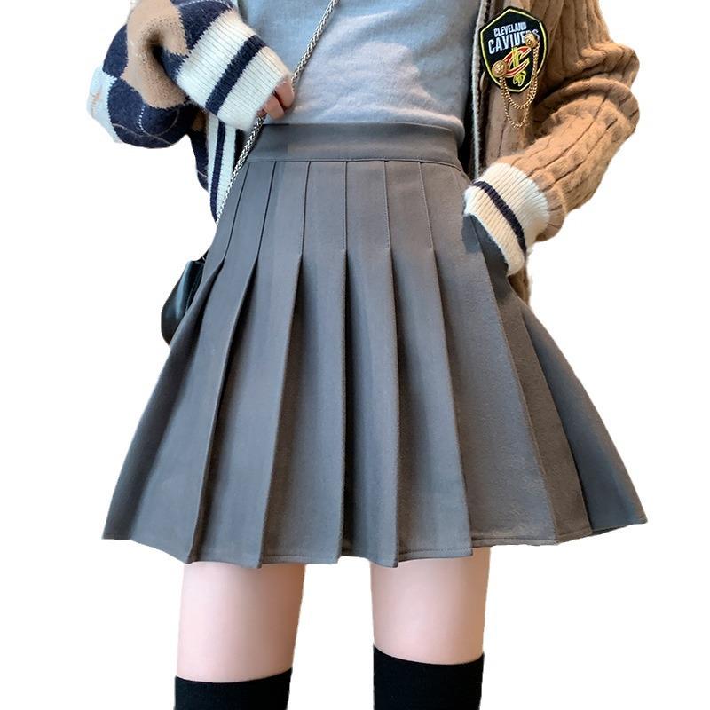 High-Waist Wool Pleated A-Line Skirt with Pockets - Slim Fit, Large Sizes for Autumn & Winter