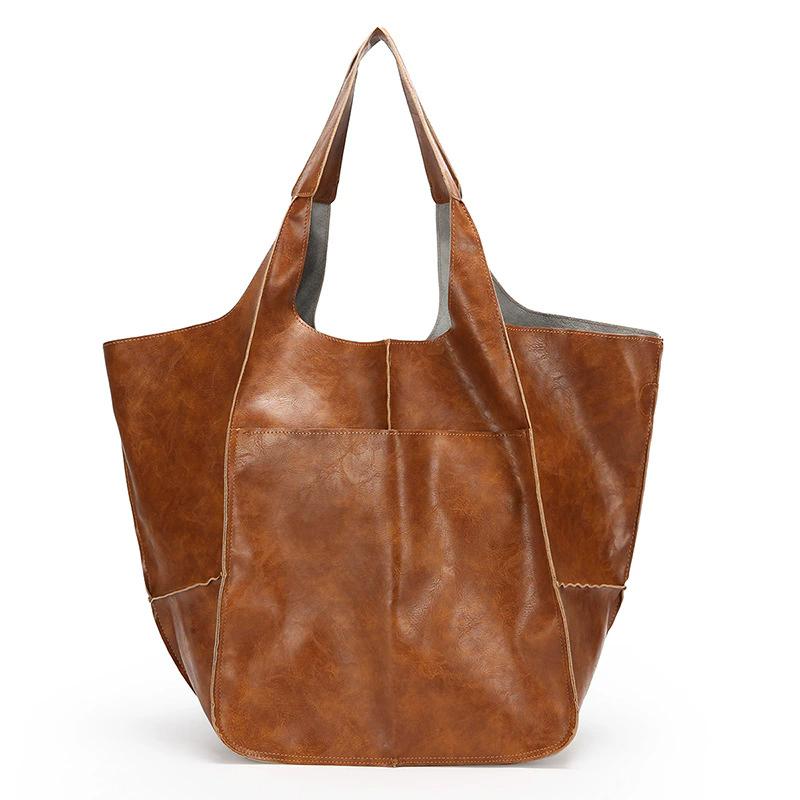 Retro Super Big Shoulder Bag Female Solid Color Hand Bags For Women Soft Leather Casual Shopper Underarm Tote Bag
