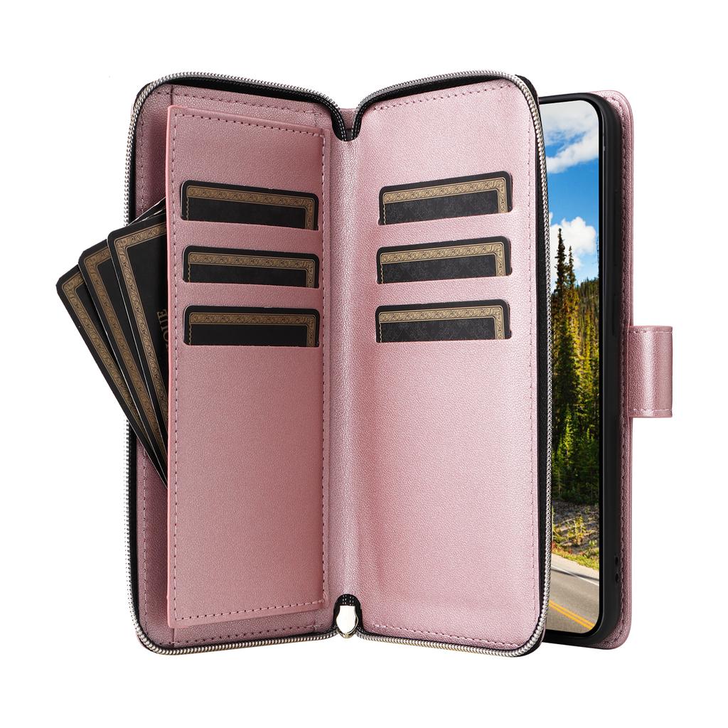 For Samsung Galaxy S26+ Case 9 Card Slots Zipper Pocket PU Leather Phone Cover with Wrist Strap