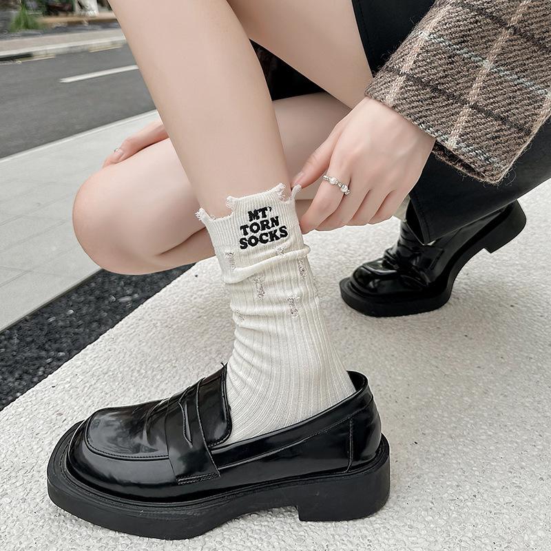 Hole Embroidered Socks Style Street Trend Fashion Hole Socks Beggar Socks Pure Cotton Medium Tube Socks