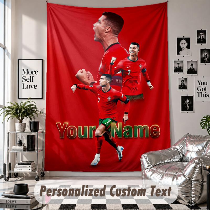 Wall Hanging Tapestry With Custom Name & Text, Cristiano Ronaldo Decorative Tapestry For Bedroom