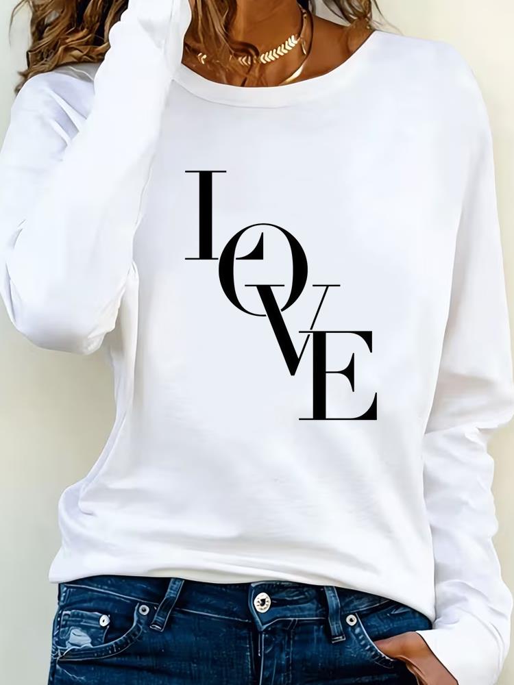 (Asian Size) Print T Shirt Tee Women letter style trend Clothing autumn winter spring Casual Fashion Top o-neck Graphic Long Sleeve T-shirts