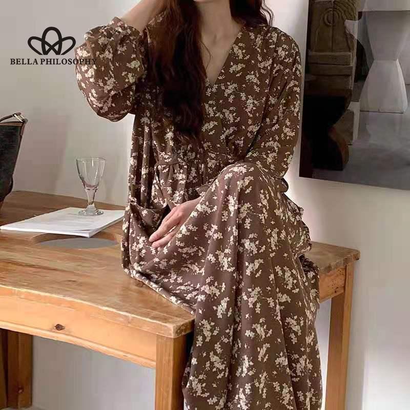 Retro elegantní květinové šaty s dlouhým rukávem, výstřihem do V, pro volný čas, dlouhé elegantní šaty s potiskem