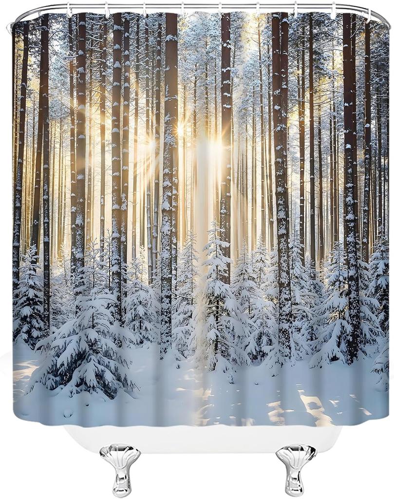 Winter Landscape Shower Curtain Nature Forest Pine Tree Snowflake Sunshine Rustic Scenery Bathroom Decor Fabric Curtain With