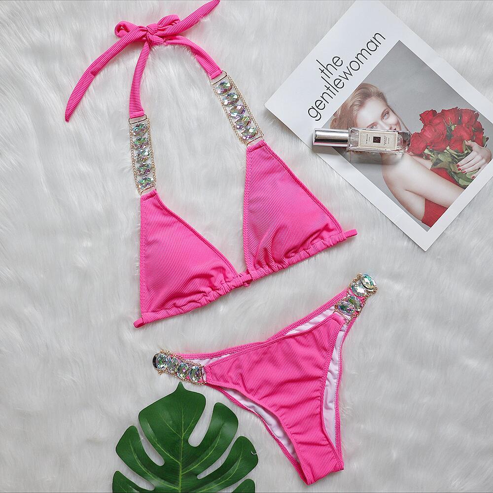 Maillot de bain bikini uni à bretelles fendues et diamants