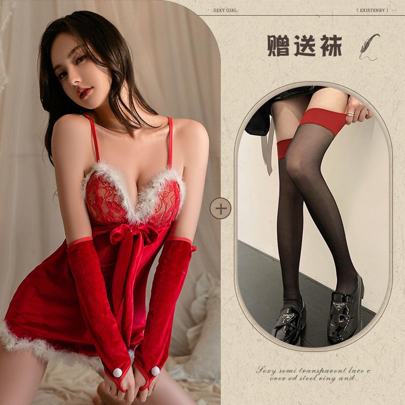 Sex underwear women's sexy plush suspender short skirt Christmas dress free