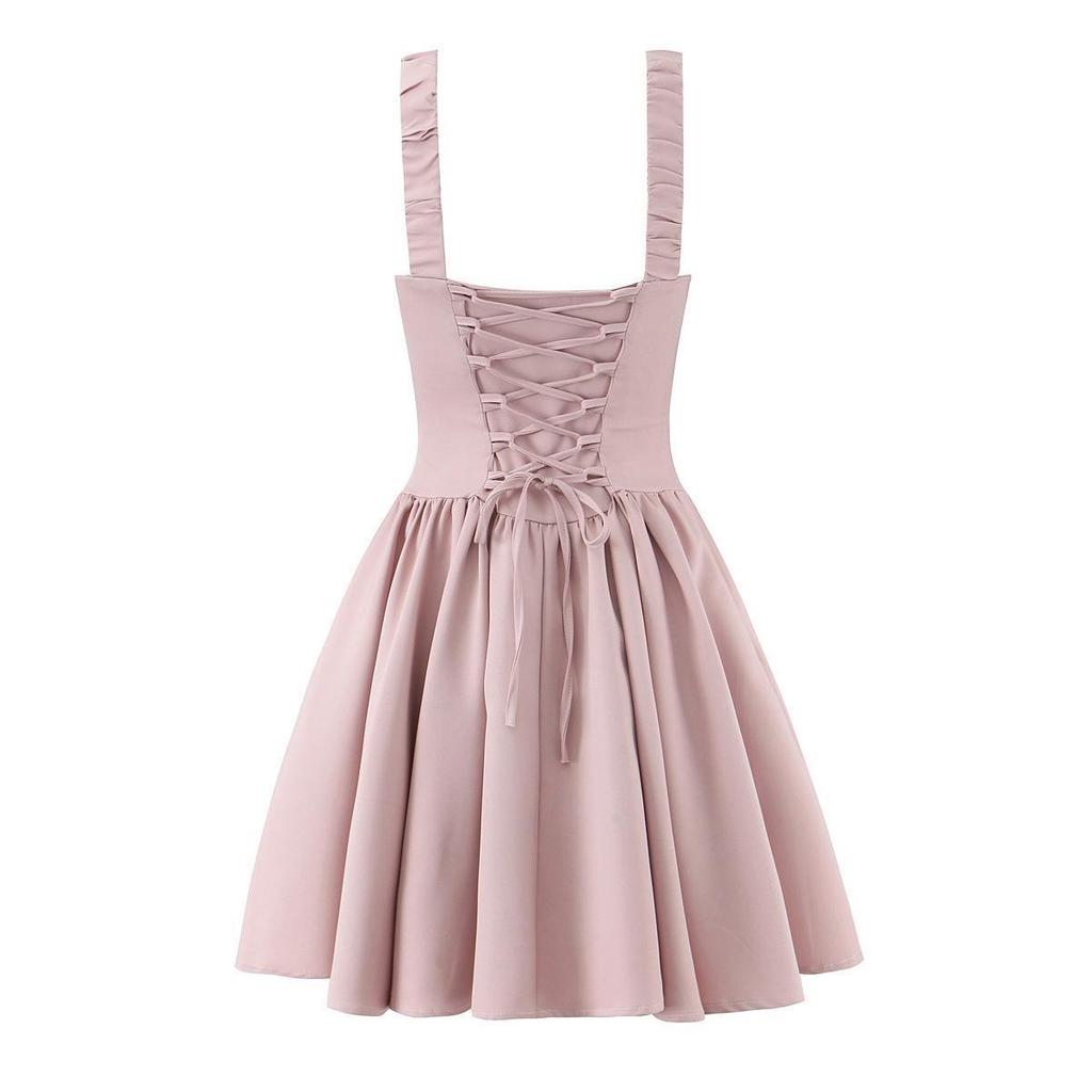 Damen Schnür-Schmal geschnittenes Knitter-Spaghetti-Trägerkleid - Frühling Europäischer/Amerikanischer Stil in Rosa und Cremeweiß.