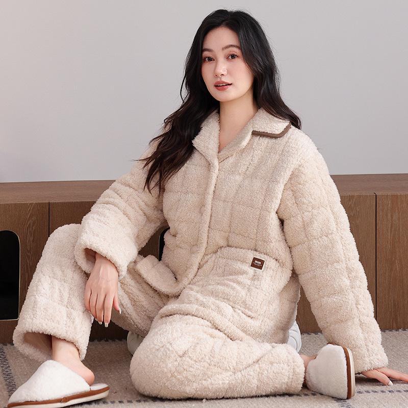 [Super thick] Three-layer padded couple pajamas women's winter thickened and velvet suit warm men's padded jacket loungewear