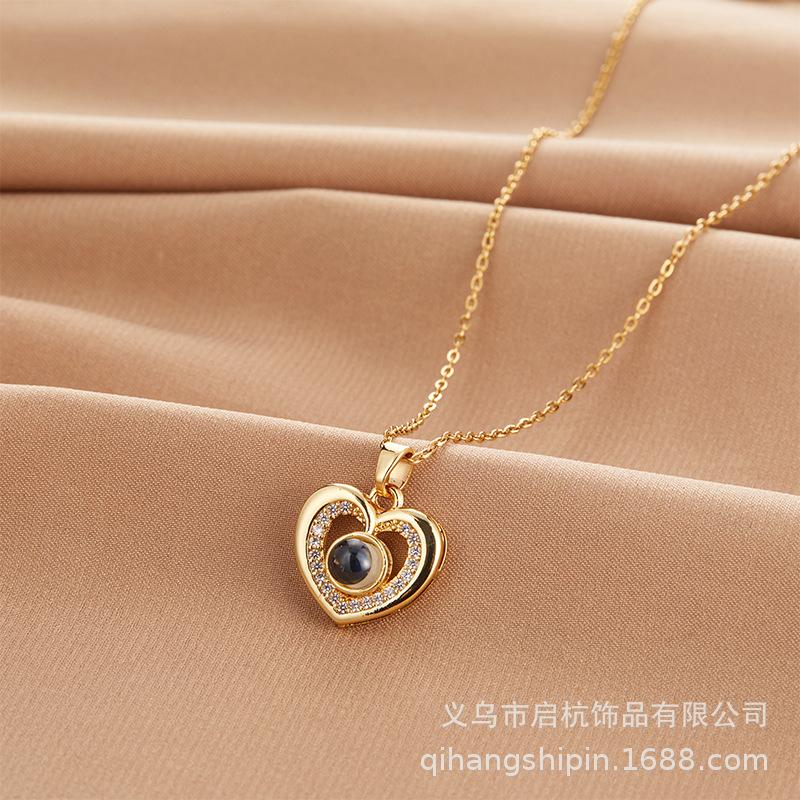 24 Projection Double Love Necklace Women'S Light Luxury Simple And Sweet 100 Languages I Love You Heart Pendant