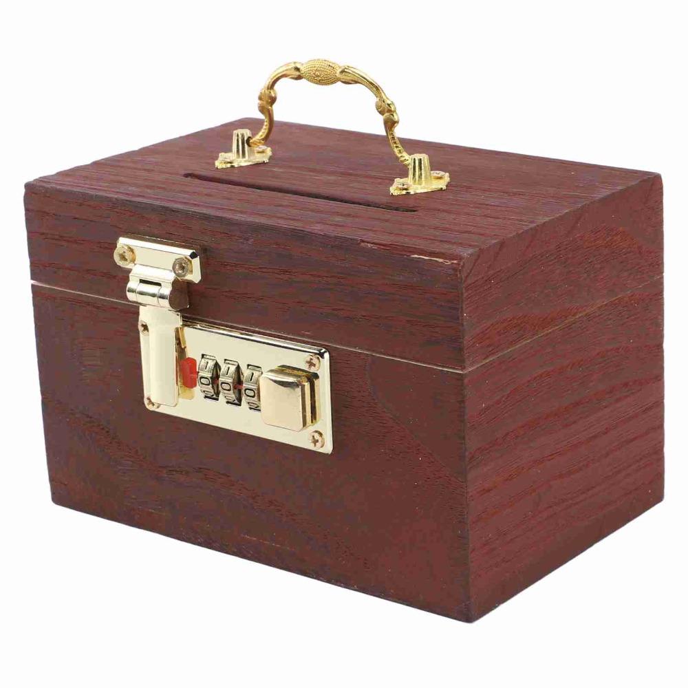 Password Lock Locking Money Storage Box With Handle Security Vintage Wooden Piggy Bank Wooden Material Small Size