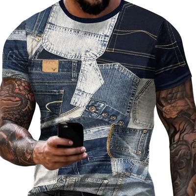 3D Patchwork Graphic Print Men's Fashion Short Sleeve Crew Neck T-shirt, Summer Outdoor