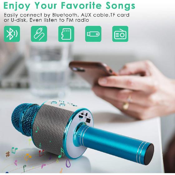 Wireless Bluetooth Karaoke Microphone for Kids, 5-in-1 Portable Handheld Karaoke Mic Speaker Player Recorder with Adjustable Remix FM Radio