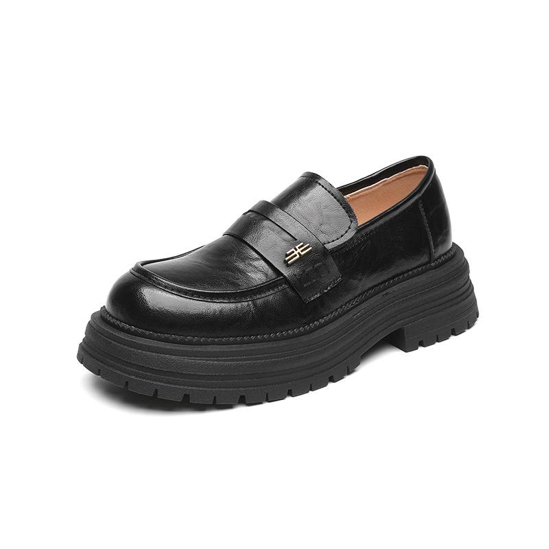 Cowhide platform single shoes spring and autumn retro belt buckle round head loafers women's shoes