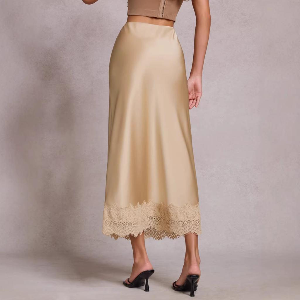 Women's Midi Skirt with Lace Hem Beige Straight Cut Satin Feel Casual Skirt